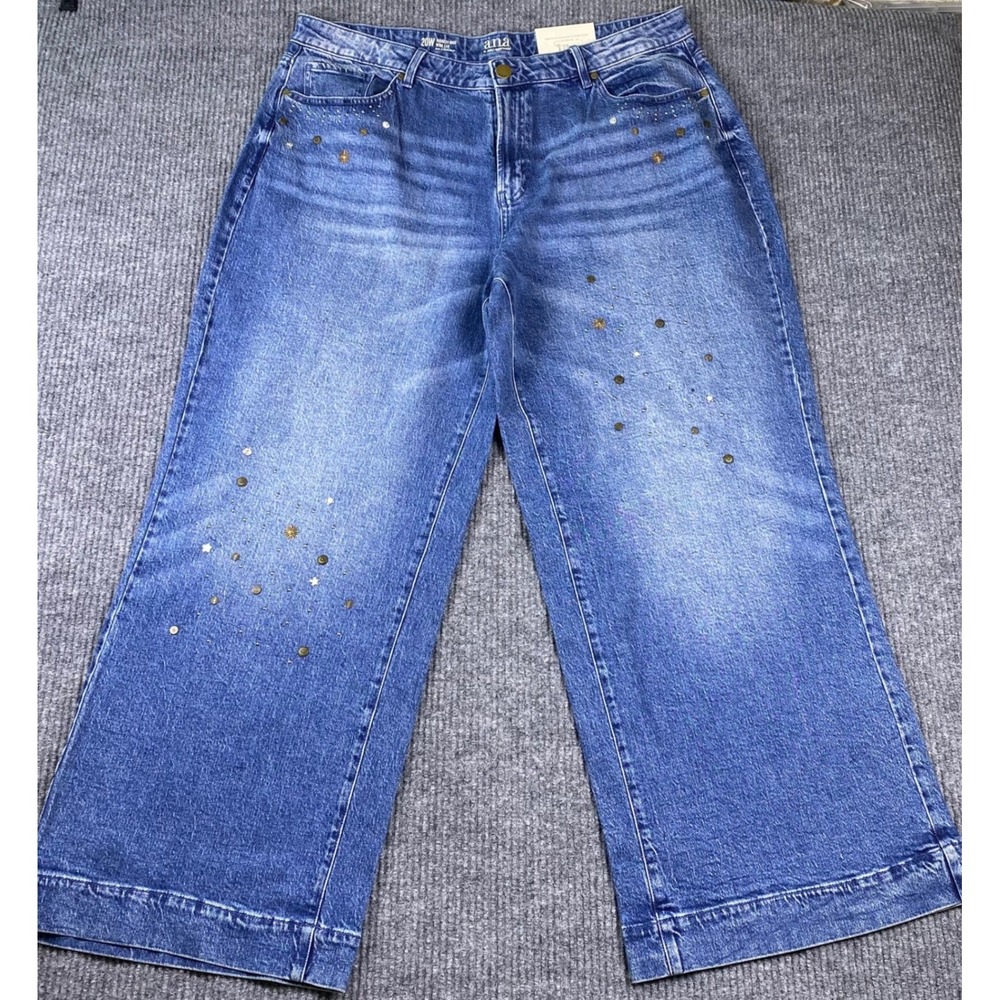 a.n.a Highest-Rise Wide Leg Jeans Woman 20W Blue Studded Boho Western Denim